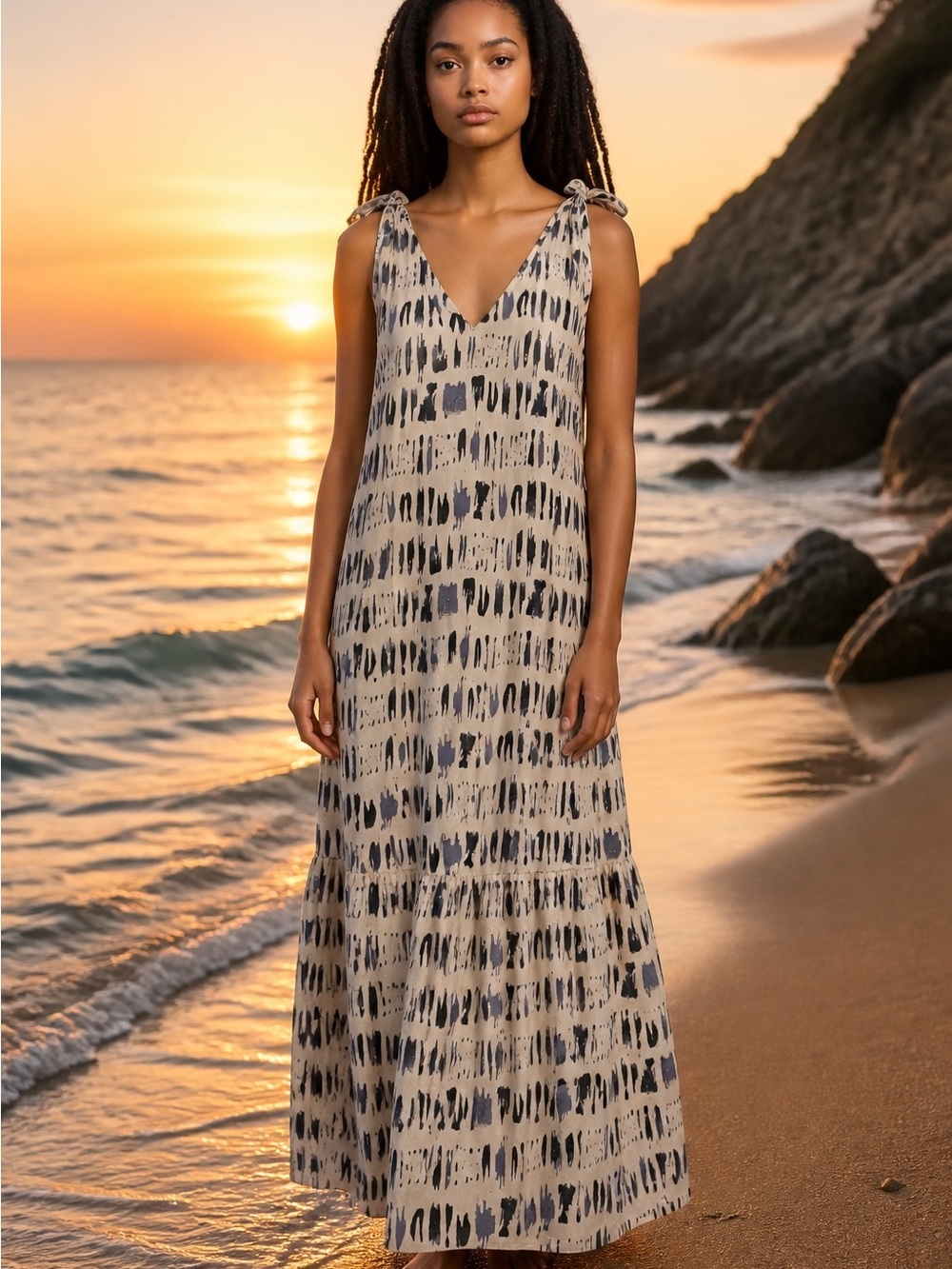 Banana Republic Beige and Navy Abstract Print Maxi Dress